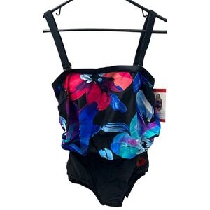 Swimsuit One Piece w/Convertible Straps Black Floral Size 8/10 Medium NWT